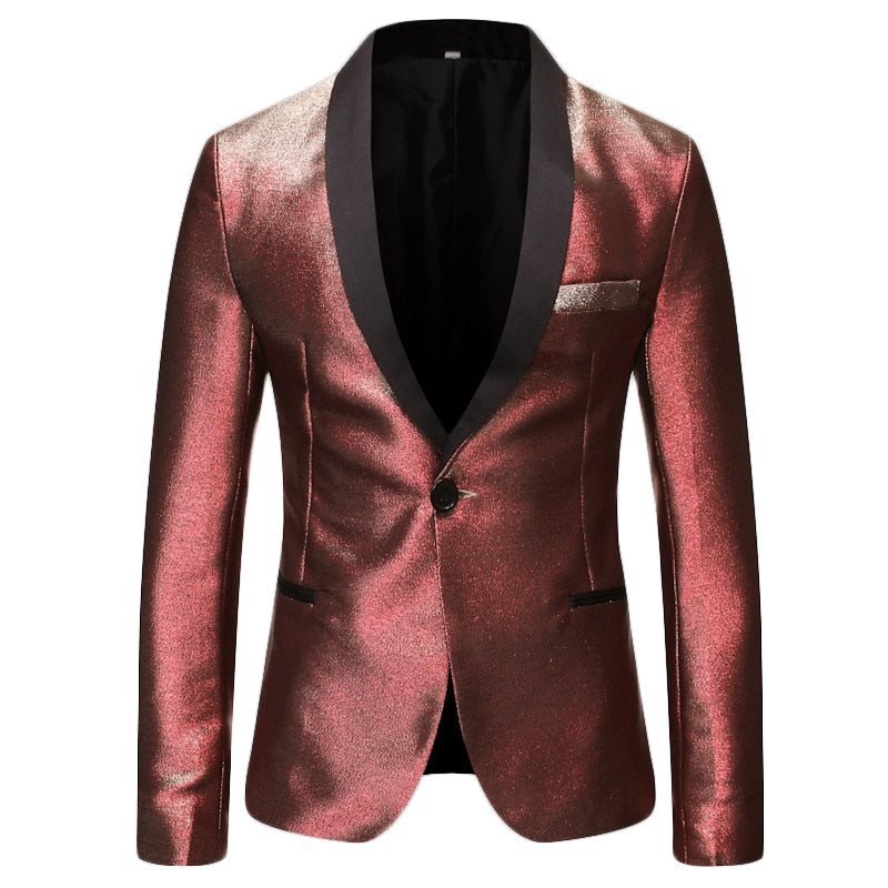 Men's Shiny Fashion Gradient Dress Blazer One Button Shawl Lapel Elegant Suit Jacket