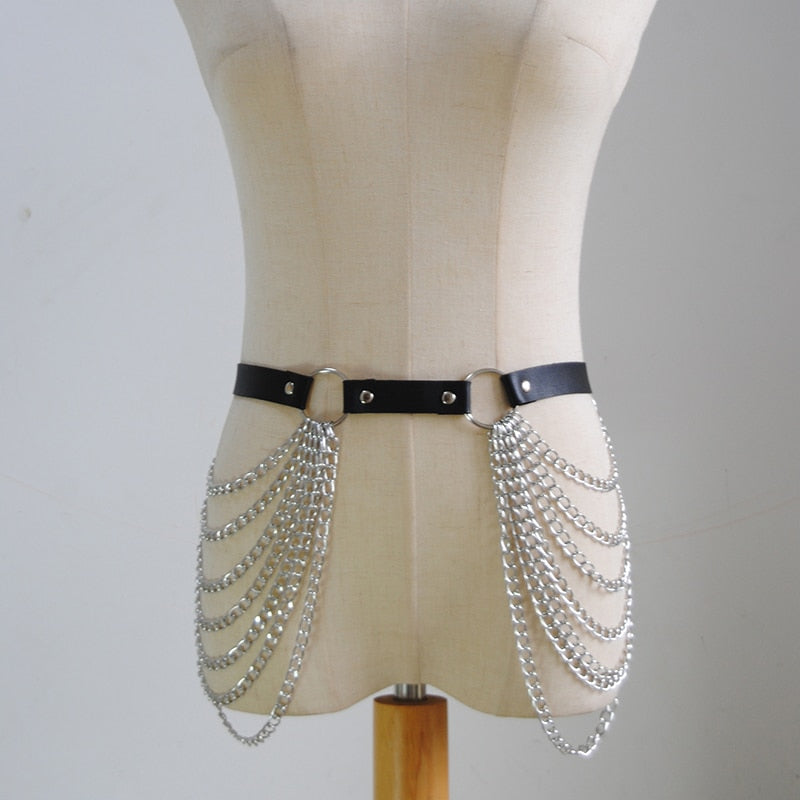 Layered Leather Belt With Chains Body Harness Waist Goth