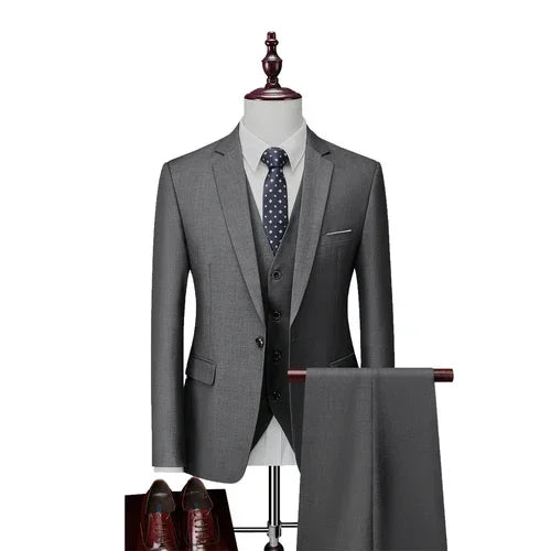 Men’s 3-Piece Slim Fit Suit Set – Blazer, Vest & Pants | Casual Business Solid Color Outfit
