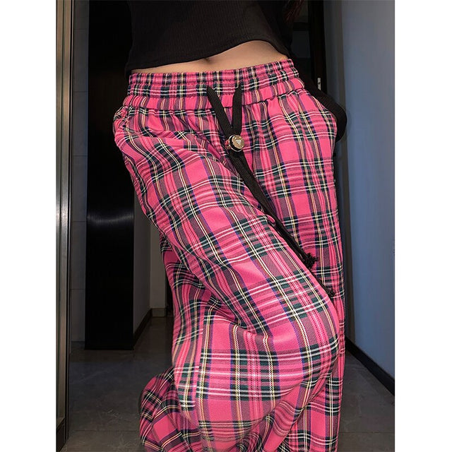 Wide Leg Checked Women High Waist Baggy Joggers Trousers
