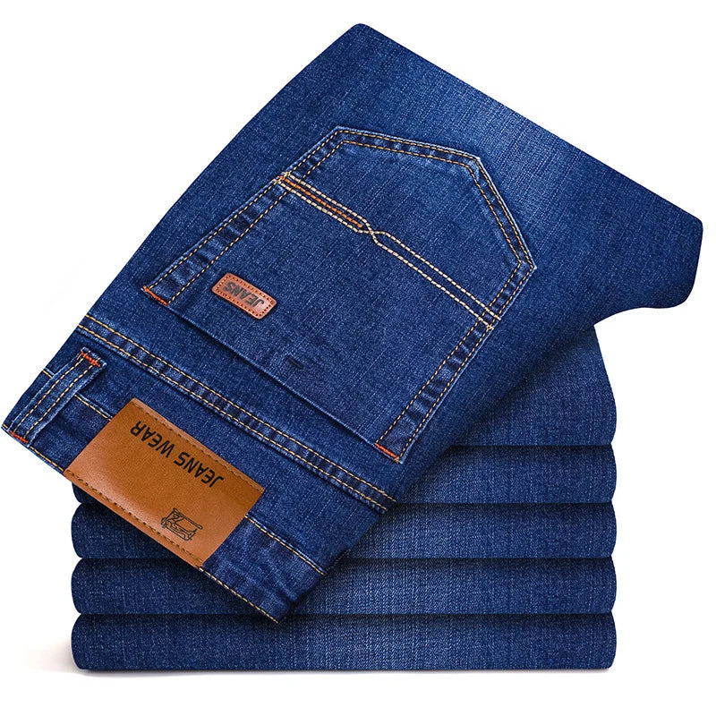 Men's Classic  Fitted Stretch Jeans Business Casual Cotton Denim Straight Leg Pants