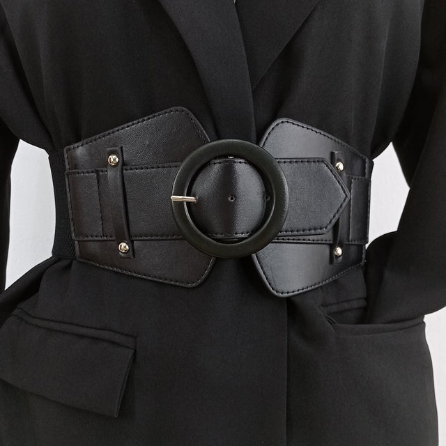 Women’s Wide Stretch Corset Belt – Elastic Cummerbund Waist Cincher with Round Buckle, PU Leather Panels, Adjustable Plus Size Dress Belt