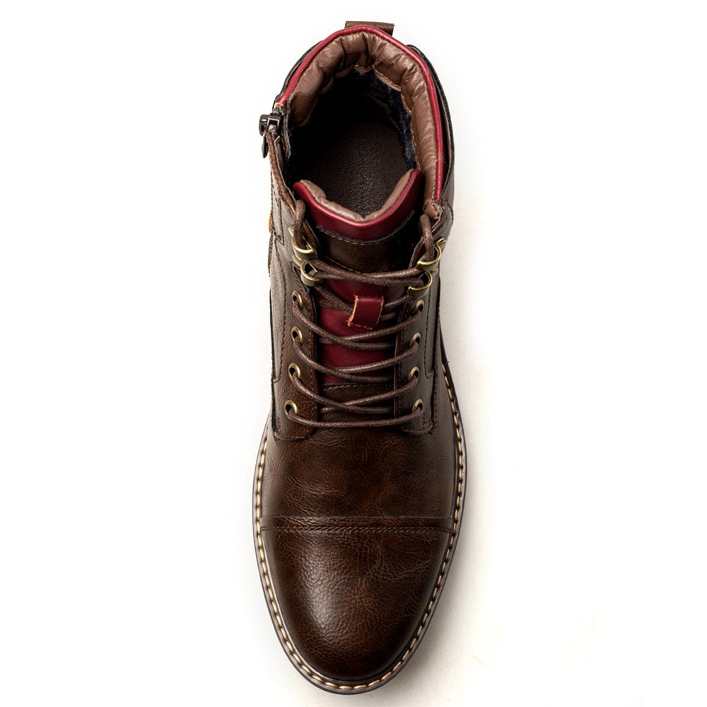 Retro Style Solid Leather Ankle Boots Side Zip Lace Up Round Head