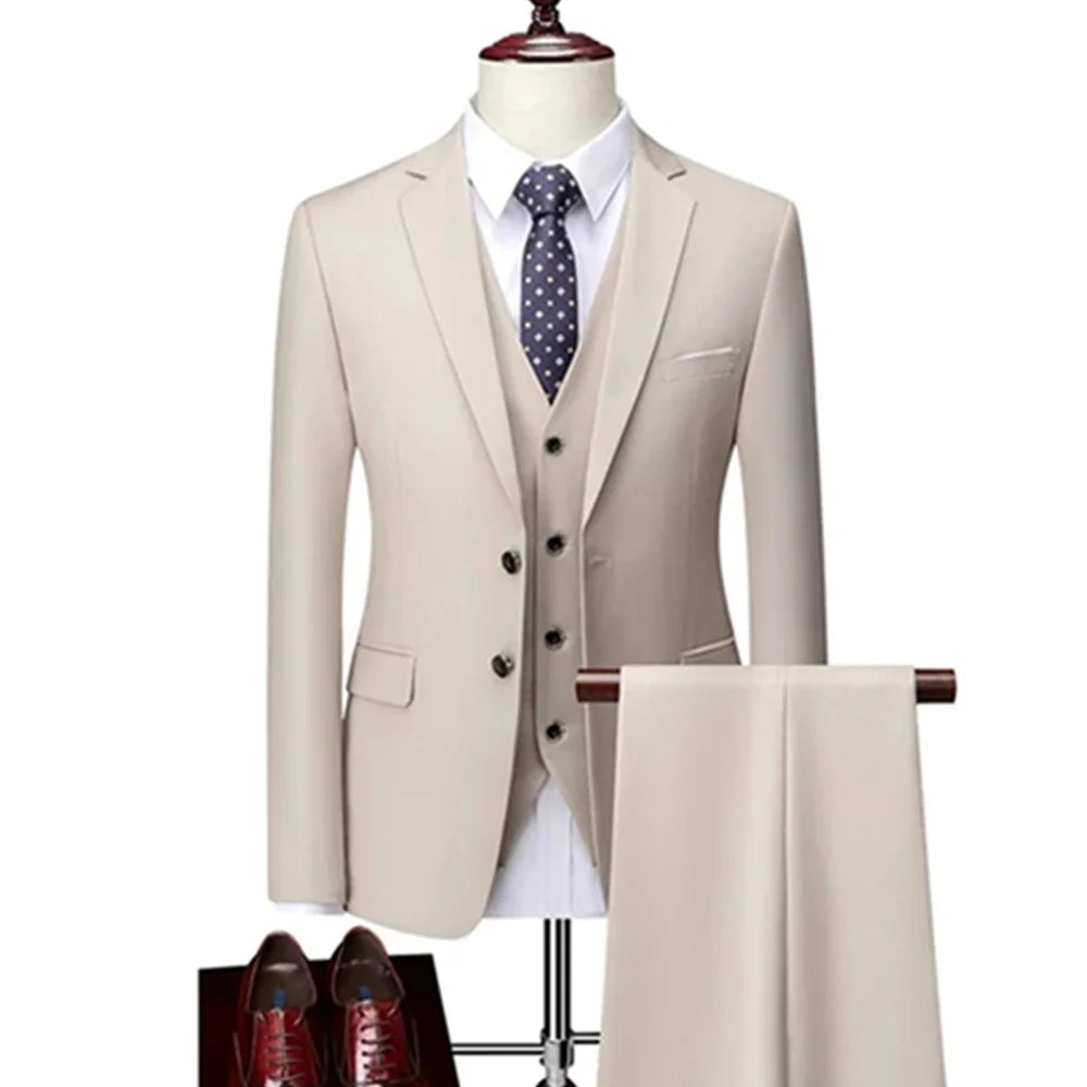 Men’s 3-Piece Slim Fit Suit Set – Blazer, Vest & Pants | Casual Business Solid Color Outfit