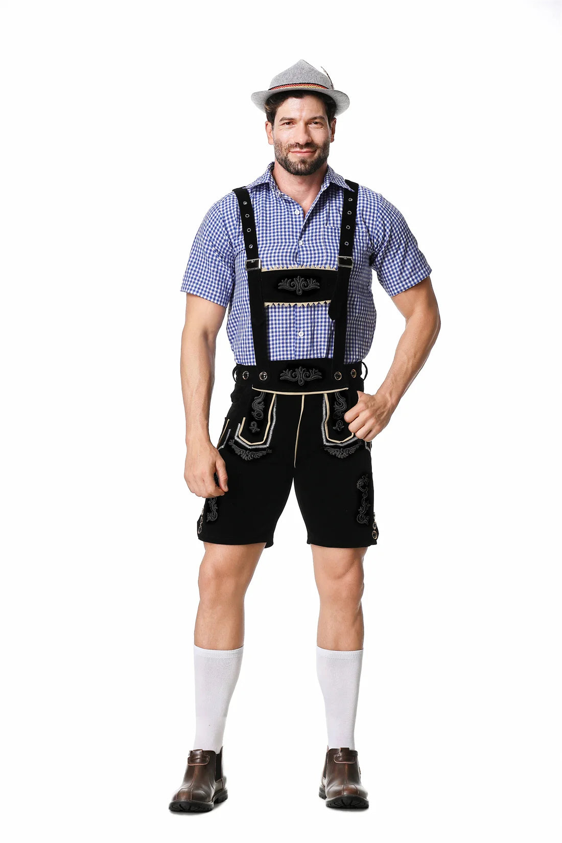 German Oktoberfest Lederhosen Short Sleeve Plaid Shirt Suspenders With Shirt Set & Hat