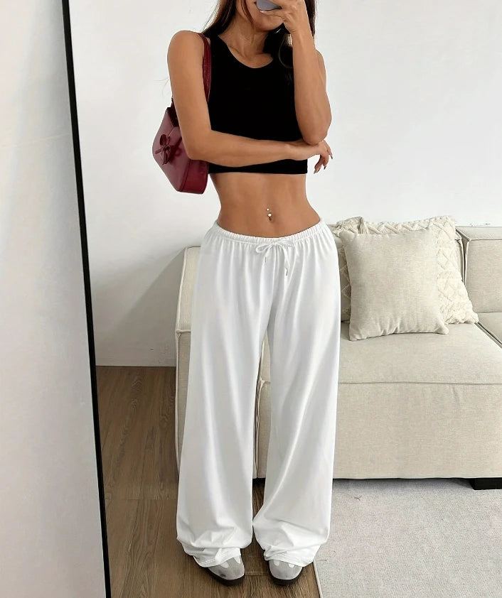 Women Casual Straight Leg Loose Solid Color Elastic Drawstring High Waisted Wide Leg Pants