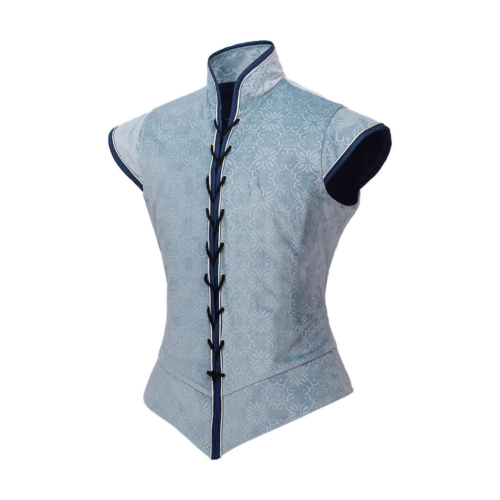 Medieval Renaissance Tudor Elizabethan Jerkin Vest – Colonial Blue Brocade Costume Vest for Men