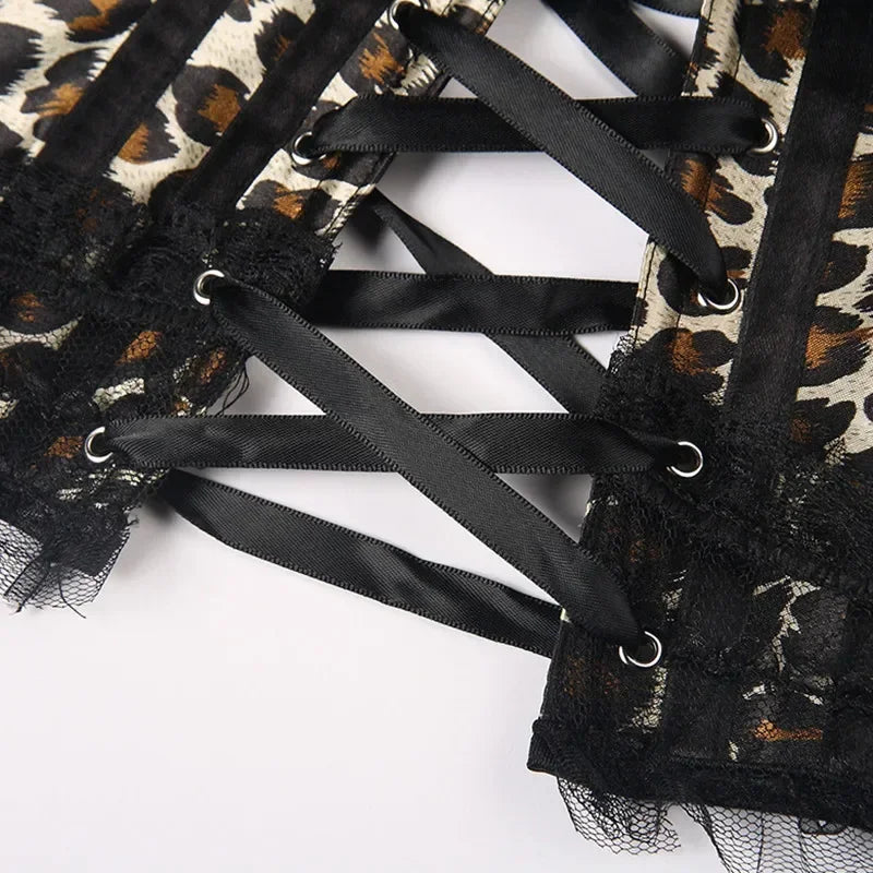 Overbust Corset Top Leopard Print Lace Bowknot Decorated Body Shaper