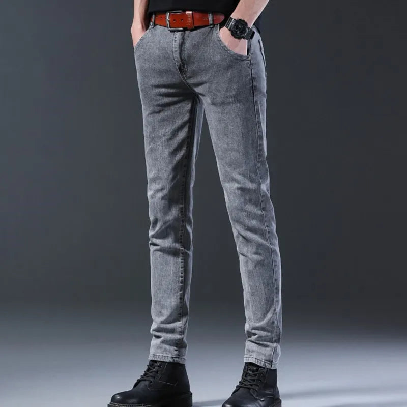 Grey Denim Jeans Male Elastic Pants Fashion Men's Long Thin slim fit