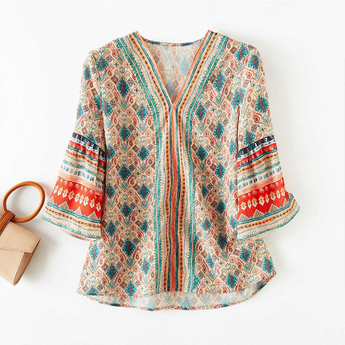 Woman Summer Casual Hafl Flare Sleeve V-Neck Printed Shirt