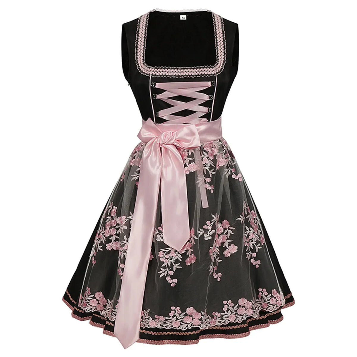 Women’s Black & Pink Dirndl Dress – Bavarian Oktoberfest Costume with Floral Embroidered Apron & Satin Bow
