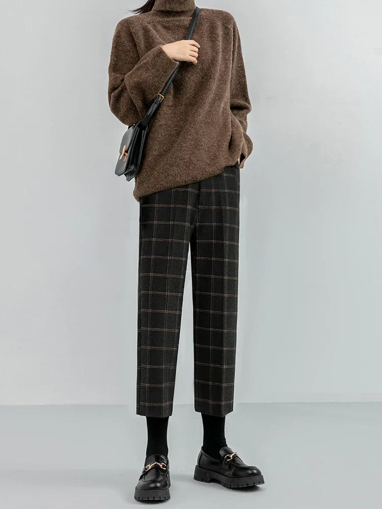 Woolen Plaid Women Formal Straight Pants High Waist Ankle-Length Chic Loose Ladies Pants