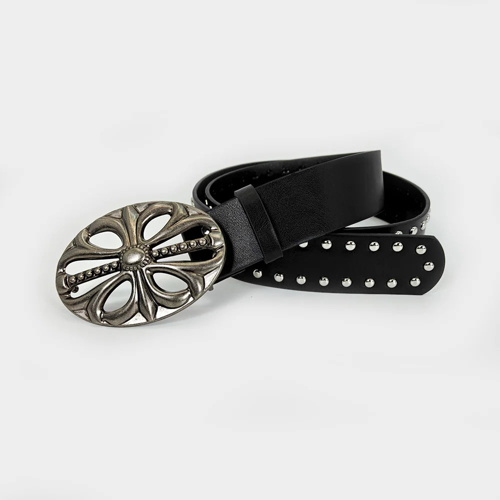 Black Punk Rock Studded Belt with Vintage Silver Cross Buckle – Gothic Fashion Waist Belt for Jeans & Dresses