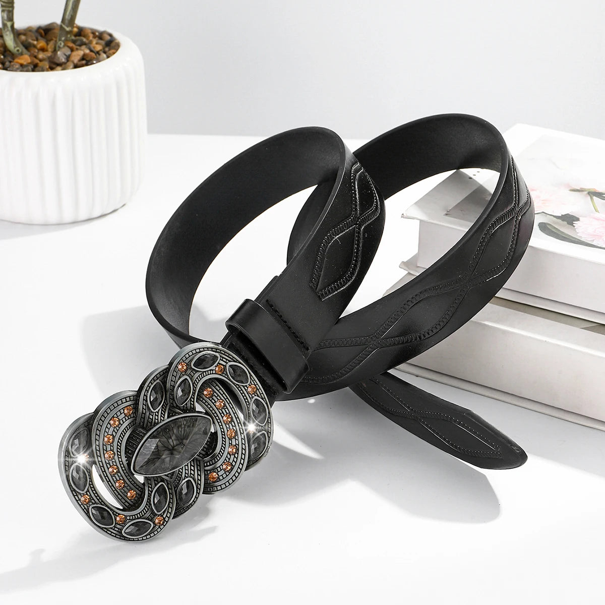Western Pu Leather Belt for Women – Vintage Belt with Large Turquoise Stone Buckle, Cowgirl Country Rodeo Fashion Accessory