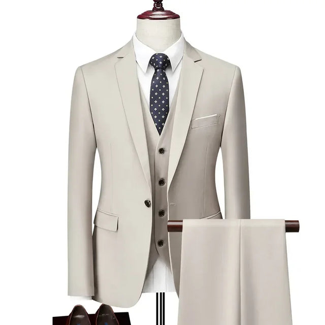 Men’s 3-Piece Slim Fit Suit Set – Blazer, Vest & Pants | Casual Business Solid Color Outfit