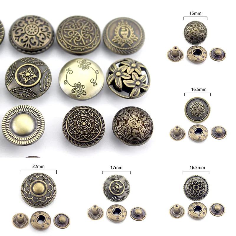 10x Vintage Metal Snap Buttons Press Studs – DIY Sewing & Leather Craft Fasteners for Shirts, Jackets & Bags – Antique-Style Clothes Decoration
