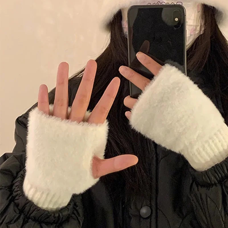 Soft Plush Winter Fingerless Gloves – White Knitted Wrist Warmers