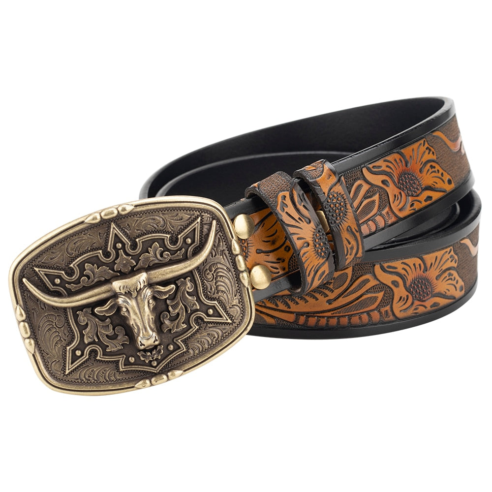 Fashion Men's Belt West Cowboy Genuine Leather Bull Head Buckle
