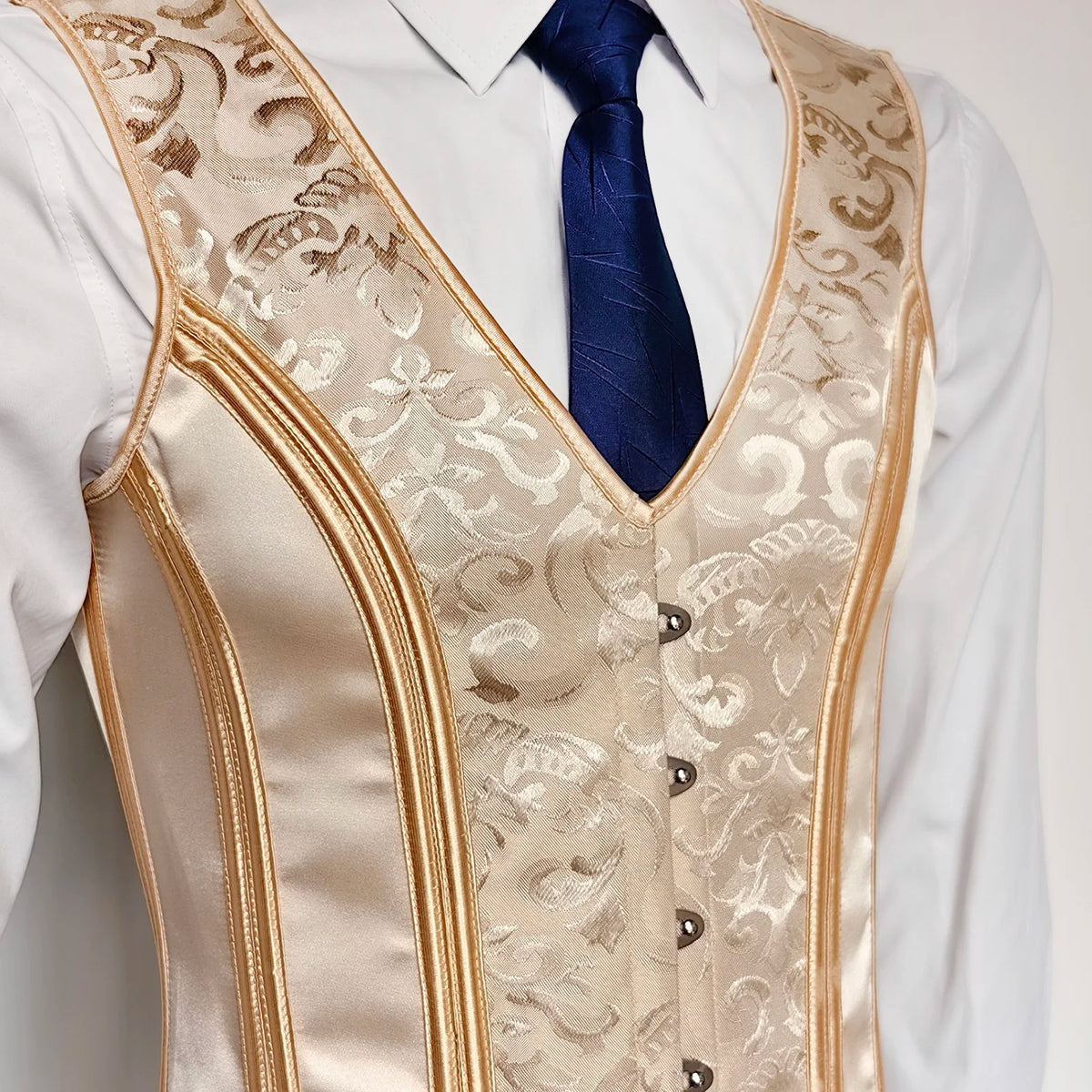 Men’s Corset Waistcoat Vest – Beige Floral, Lace-Up Boned Vest, Adjustable Waist Trainer Style Formal Dress Vest for Wedding, Party, Stage