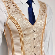 Men’s Corset Waistcoat Vest – Beige Floral, Lace-Up Boned Vest, Adjustable Waist Trainer Style Formal Dress Vest for Wedding, Party, Stage