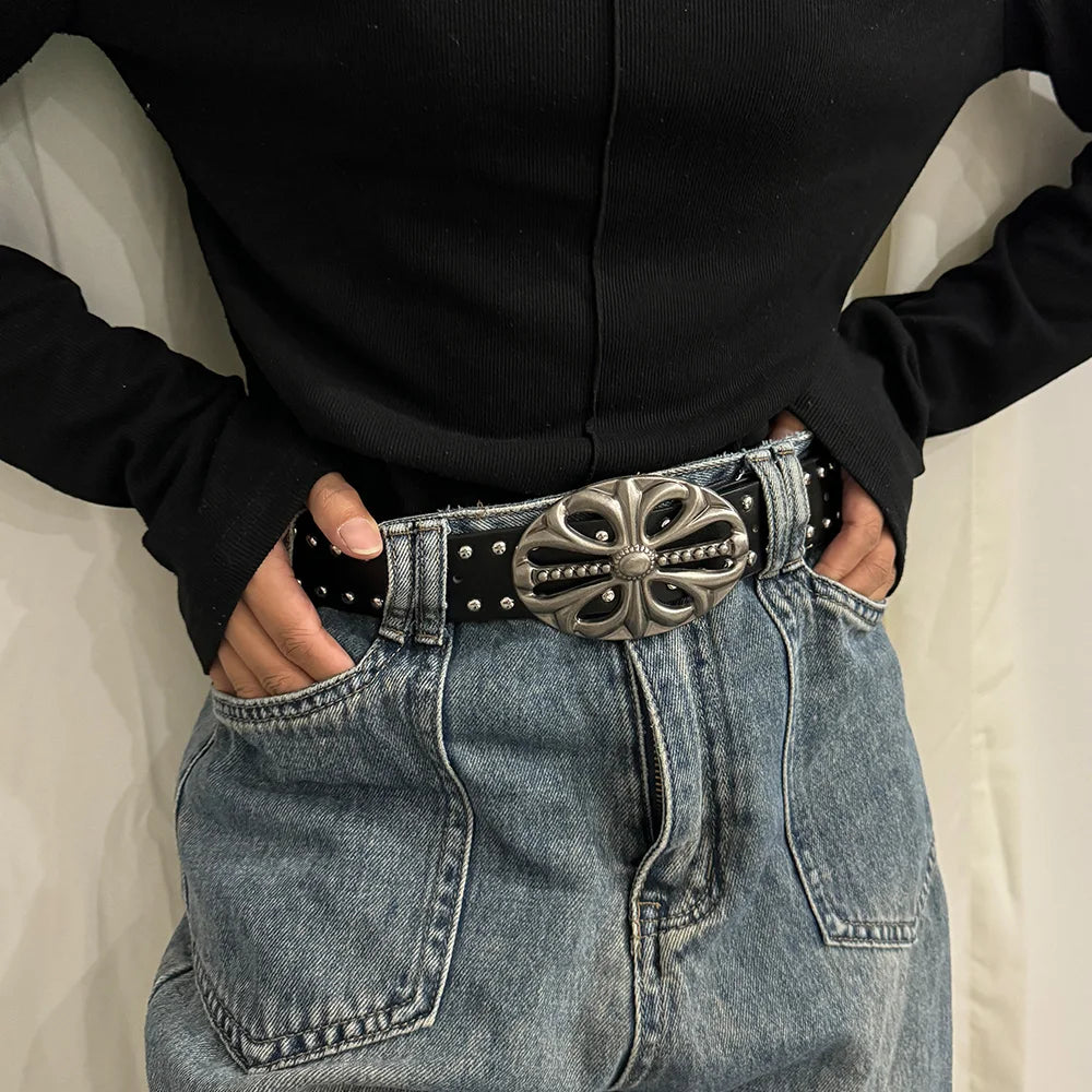 Black Punk Rock Studded Belt with Vintage Silver Cross Buckle – Gothic Fashion Waist Belt for Jeans & Dresses