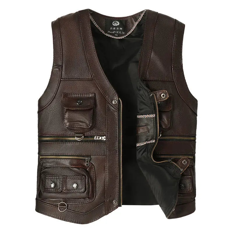 Men’s Slim Fit Genuine Cowhide Leather Vest – Multi Pocket Real Leather Waistcoat