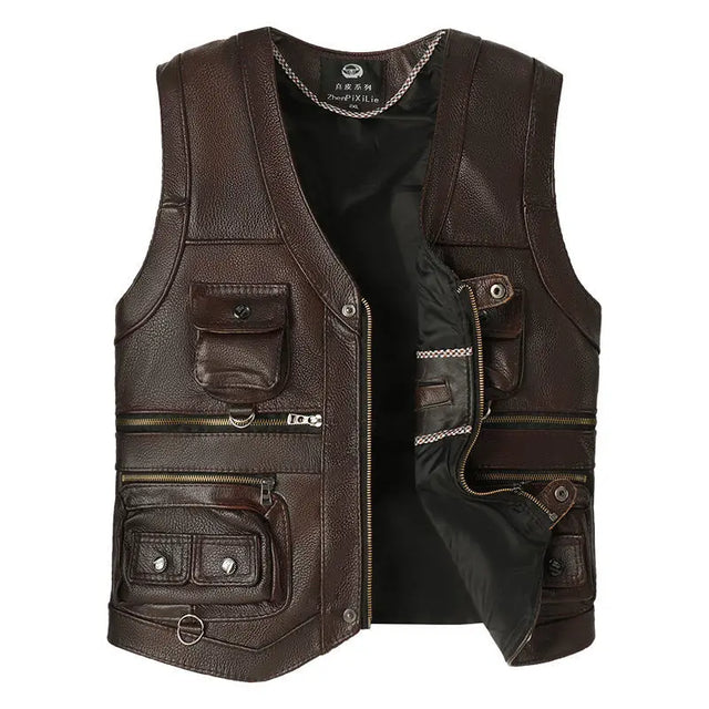 Men’s Slim Fit Genuine Cowhide Leather Vest – Multi Pocket Real Leather Waistcoat
