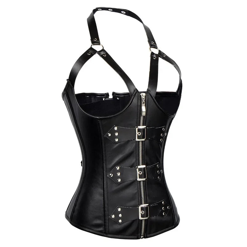 Steampunk Corsets Bustiers PU Leather Corset Halter Top Overbust Corselet  Women Zipper Gothic