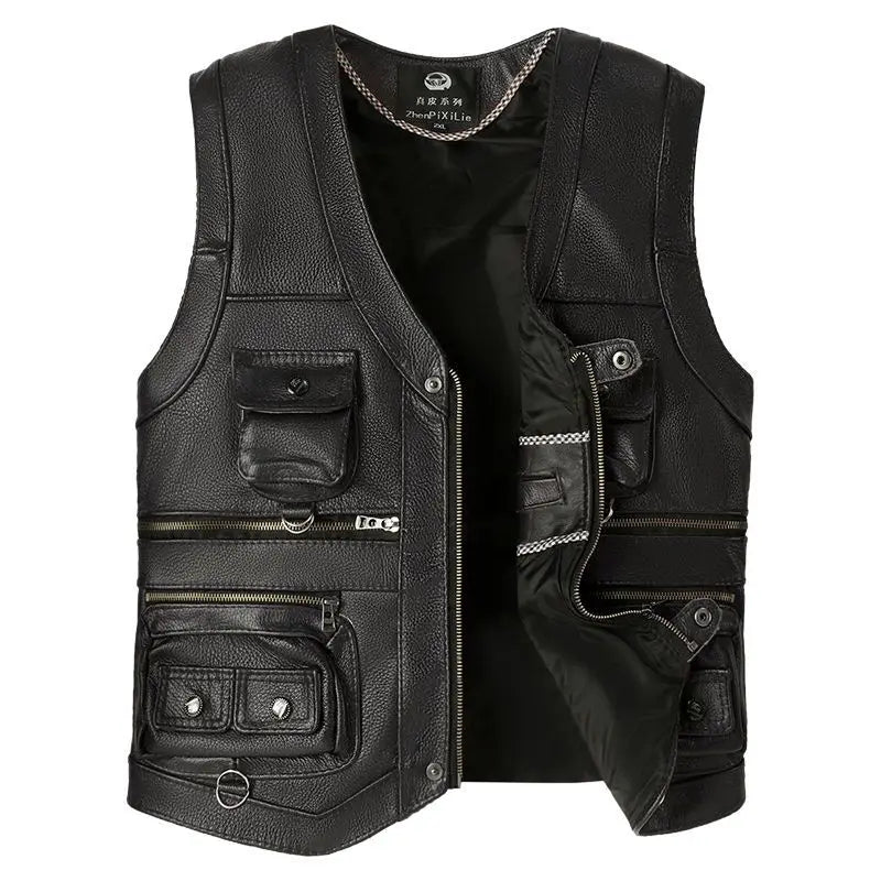 Men’s Slim Fit Genuine Cowhide Leather Vest – Multi Pocket Real Leather Waistcoat