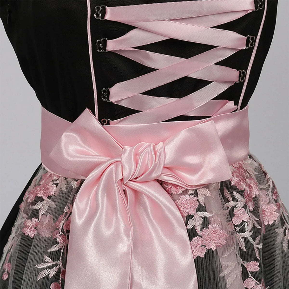 Women’s Black & Pink Dirndl Dress – Bavarian Oktoberfest Costume with Floral Embroidered Apron & Satin Bow