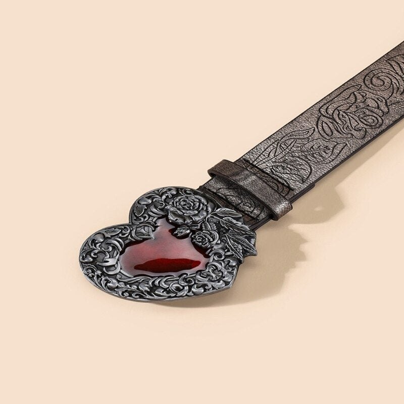 Engraved Flower Detail Heart Decor Belt With Hole Punch
