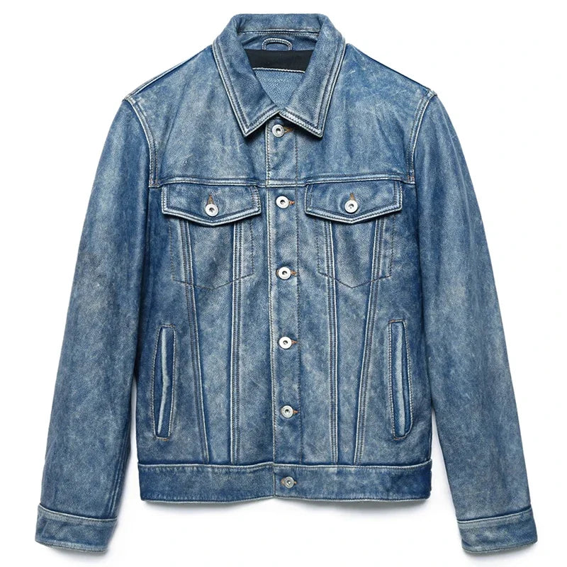 Men’s Genuine Leather Jacket – Vintage Blue Wash, Classic Fit