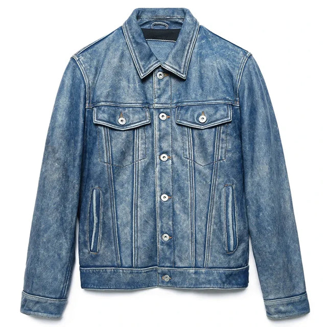 Men’s Genuine Leather Jacket – Vintage Blue Wash, Classic Fit