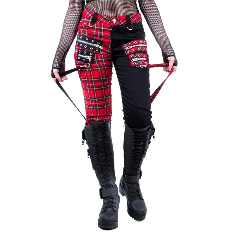 Black & Red Gothic Pants Women Fashion High Waist Zipper Plaid Punk Style Pants Streetwear fashion Casual Ladies Trousers