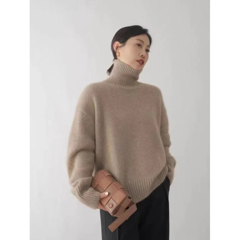100% Merino Wool Women’s Turtleneck Sweater – Soft Knitted Pullover, Casual Loose Fit,