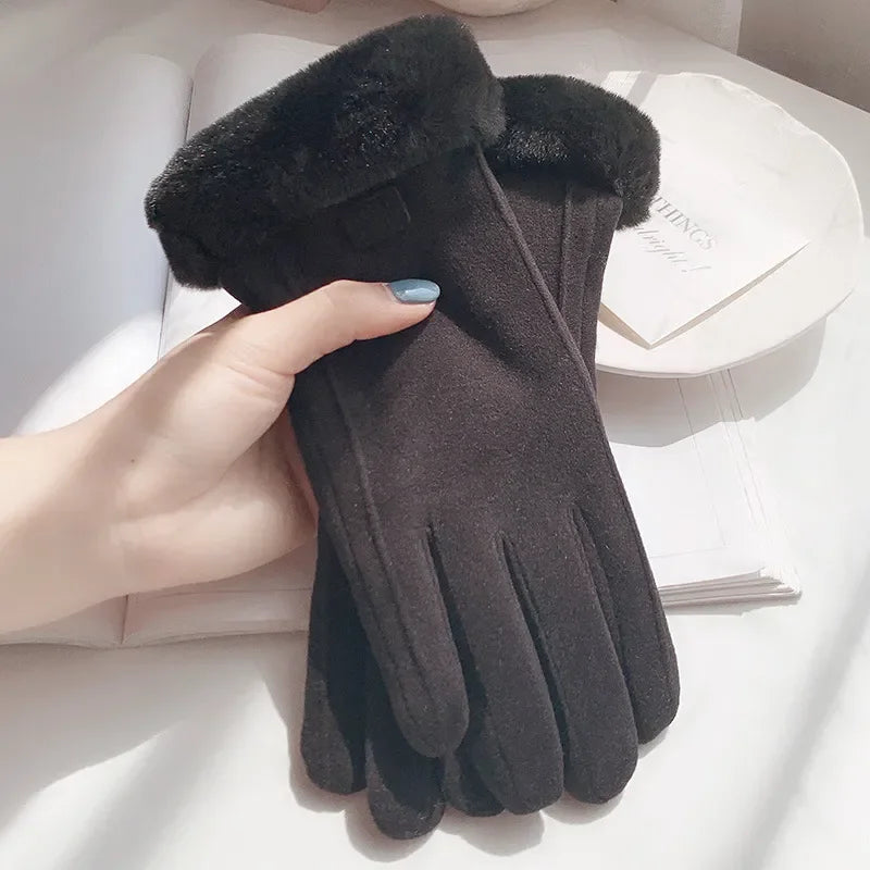 Women Winter Thick Plush Gloves Fashion Warm Suede Outdoor Guantes Lady Touchscreen