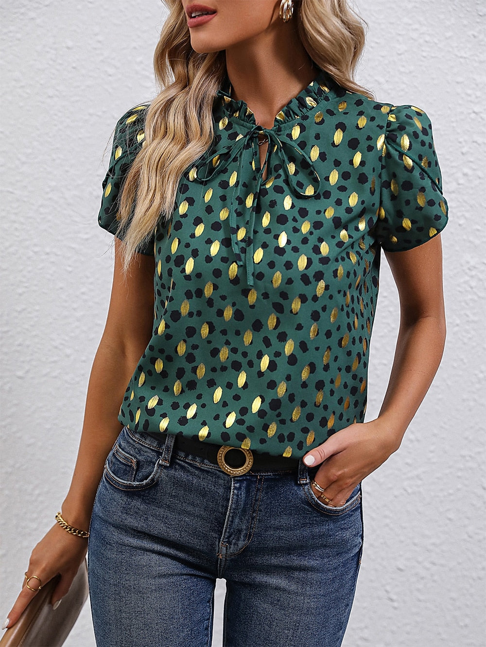 Summer Blouse Women Tops Gold Dot Print Puff Sleeve Shirt