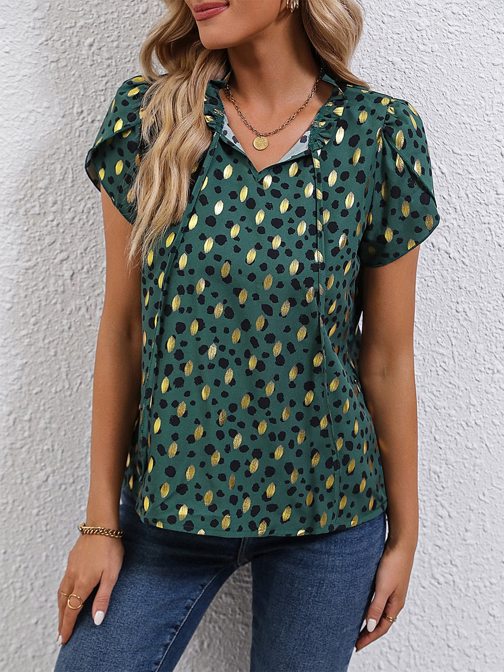 Summer Blouse Women Tops Gold Dot Print Puff Sleeve Shirt