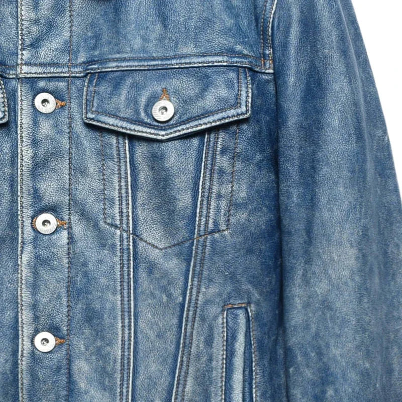 Men’s Genuine Leather Jacket – Vintage Blue Wash, Classic Fit