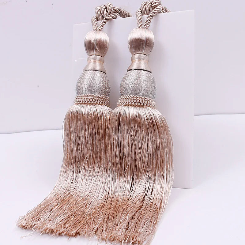 Pair of Large Luxury Curtain Tassels – Decorative Polyester Silk Gold Tiebacks with Tennis-Style Hanging Ear Design for Home & Living Room Drapes