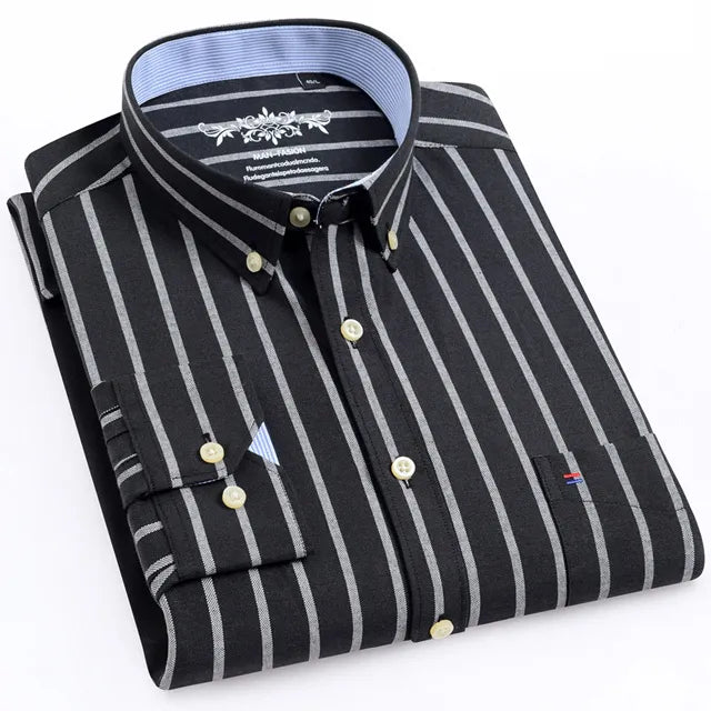 Men's Fashion Long Sleeve Solid Oxford Shirt Single Patch Pocket Standard-fit Button-down Collar Shirts