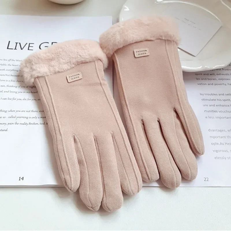 Women Winter Thick Plush Gloves Fashion Warm Suede Outdoor Guantes Lady Touchscreen