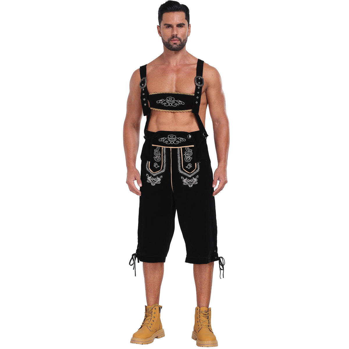 Men’s Bavarian Lederhosen with Matching Suspenders Shorts – Oktoberfest German Costume – Polyester