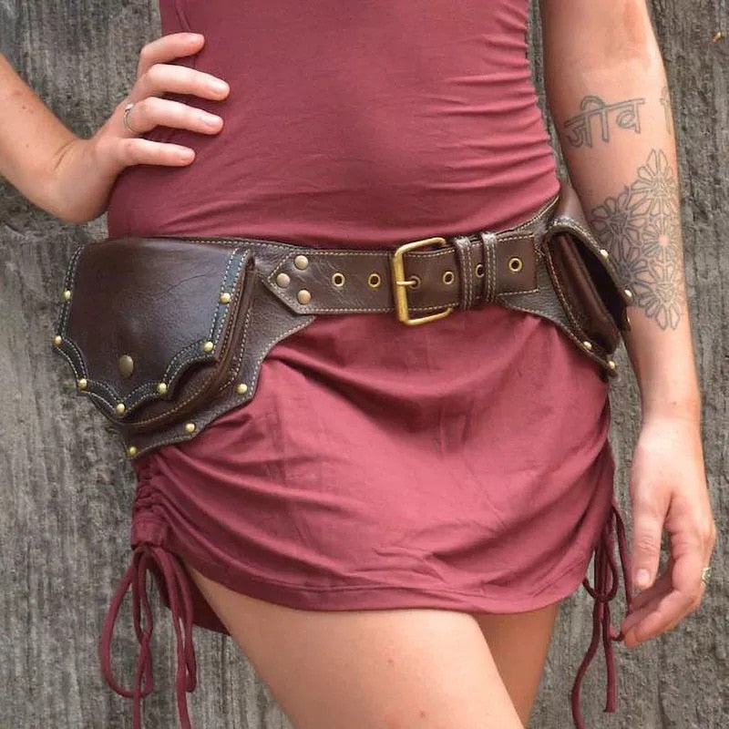 Medieval Steampunk PU Leather Utility Belt Vintage Hip Bag Pocket Women Fanny Pack Viking Knight Festival Waist Wallet