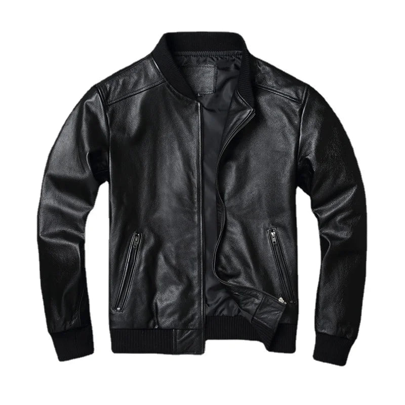 Black Genuine Leather Bomber Jacket for Men – Premium Cowhide
