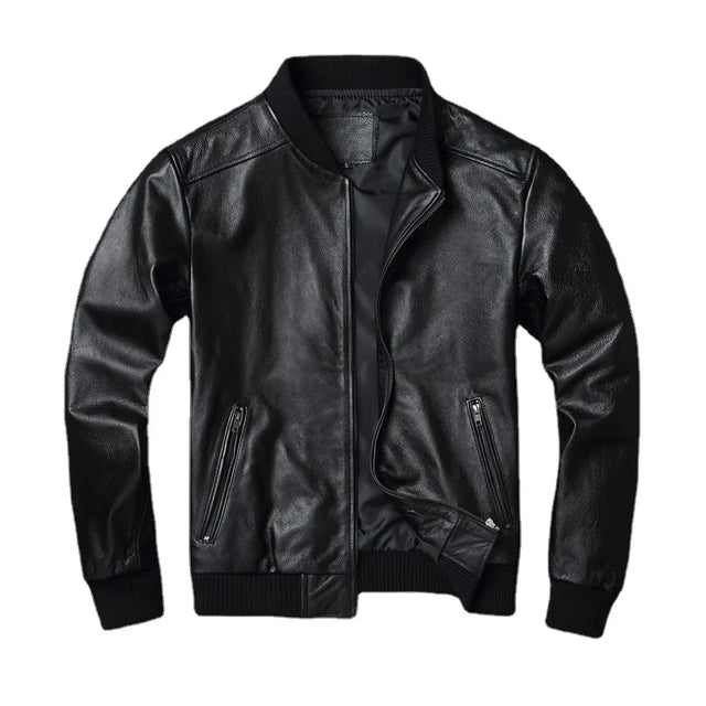 Black Genuine Leather Bomber Jacket for Men – Premium Cowhide