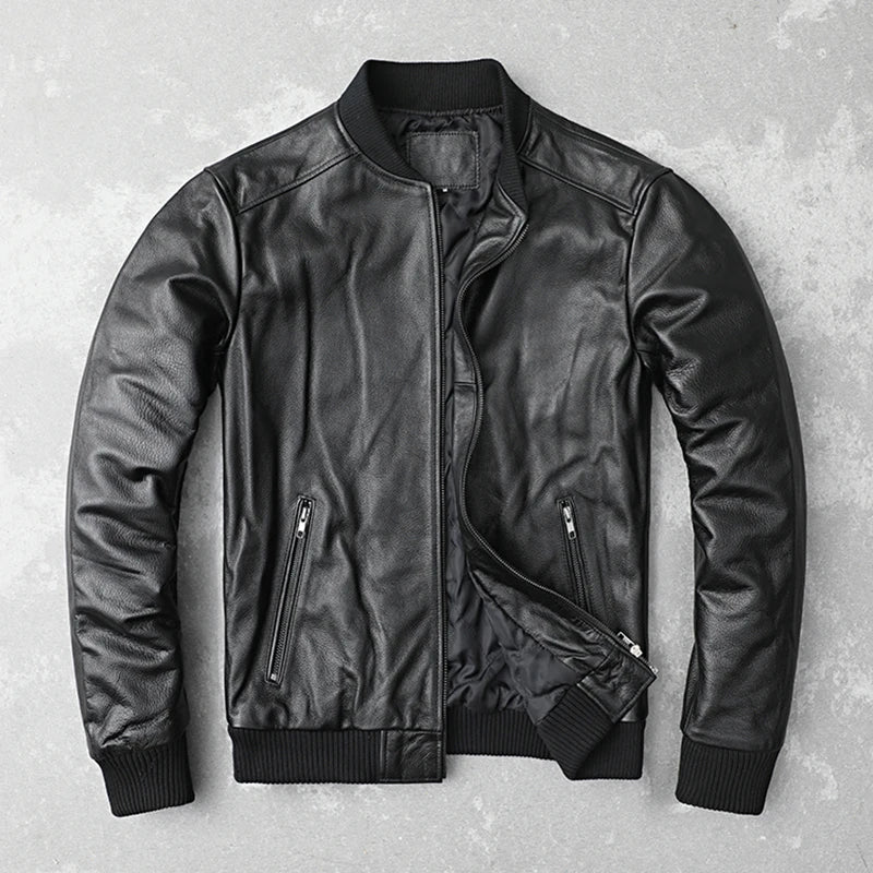 Black Genuine Leather Bomber Jacket for Men – Premium Cowhide