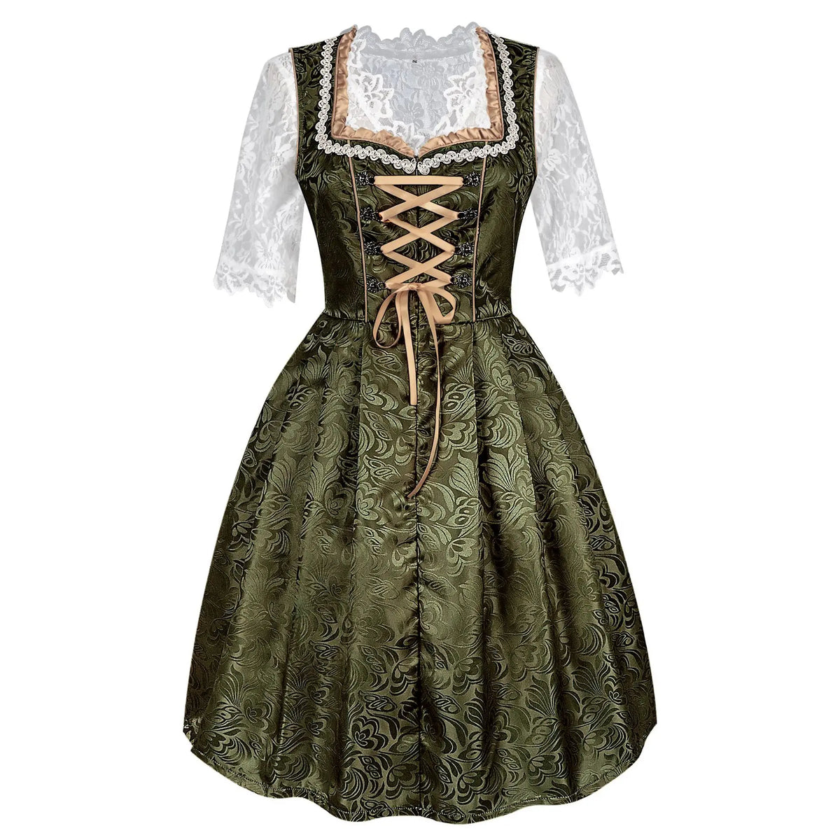 Women’s Green & Gold Dirndl Dress – Elegant Bavarian Oktoberfest Costume with Embroidered Tulle Apron