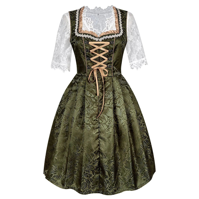 Women’s Green & Gold Dirndl Dress – Elegant Bavarian Oktoberfest Costume with Embroidered Tulle Apron