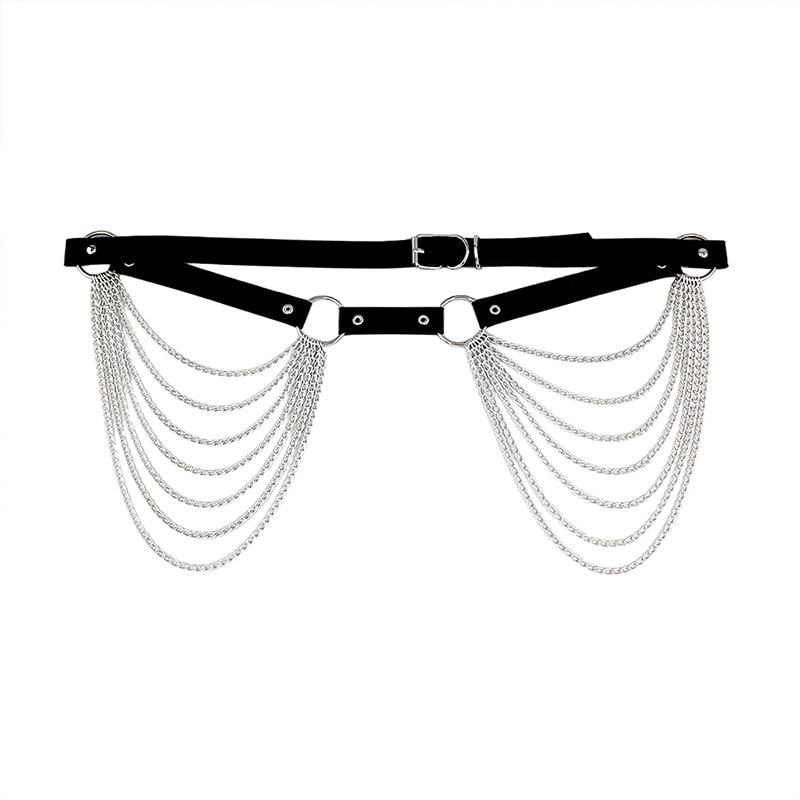 Layered Leather Belt With Chains Body Harness Waist Goth